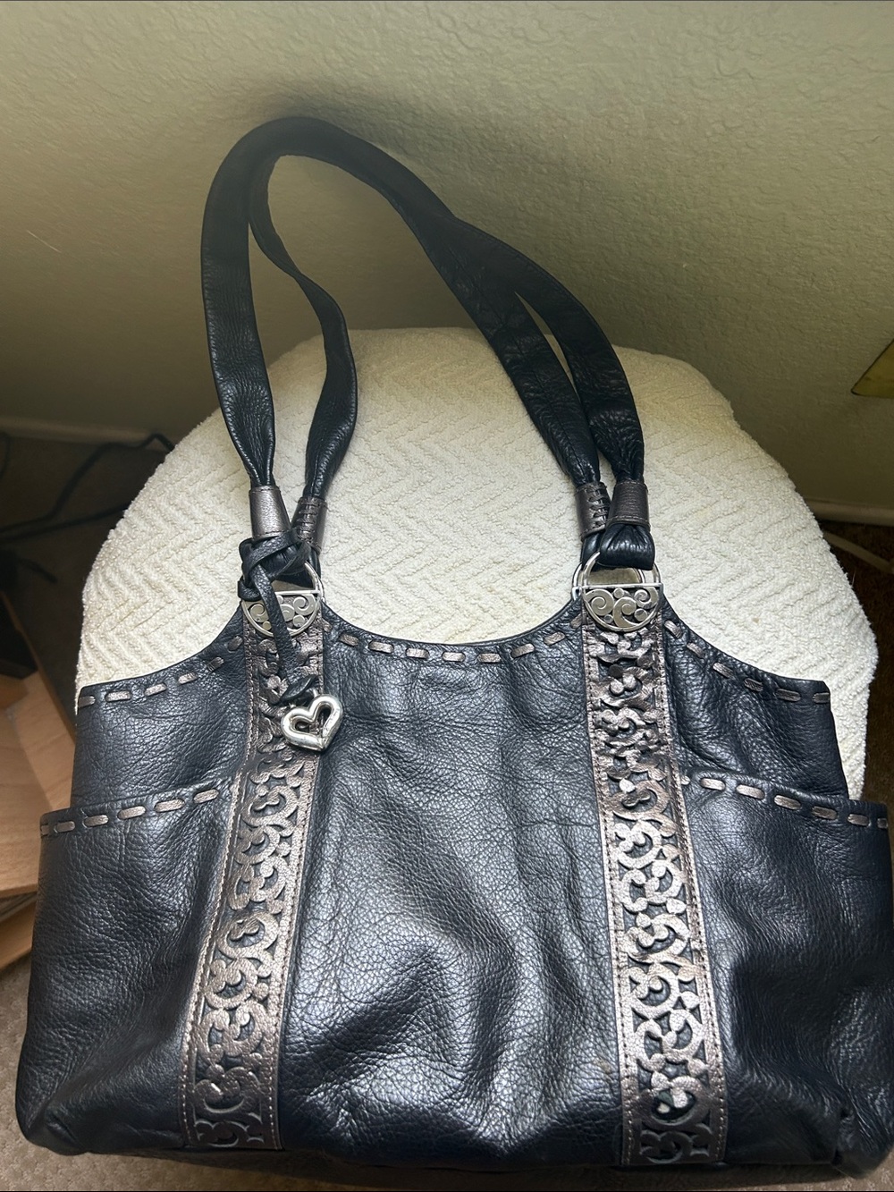 Brighton Black Leather Shoulder Bag with Brown Trim and Heart Charm - Picture 10 of 14